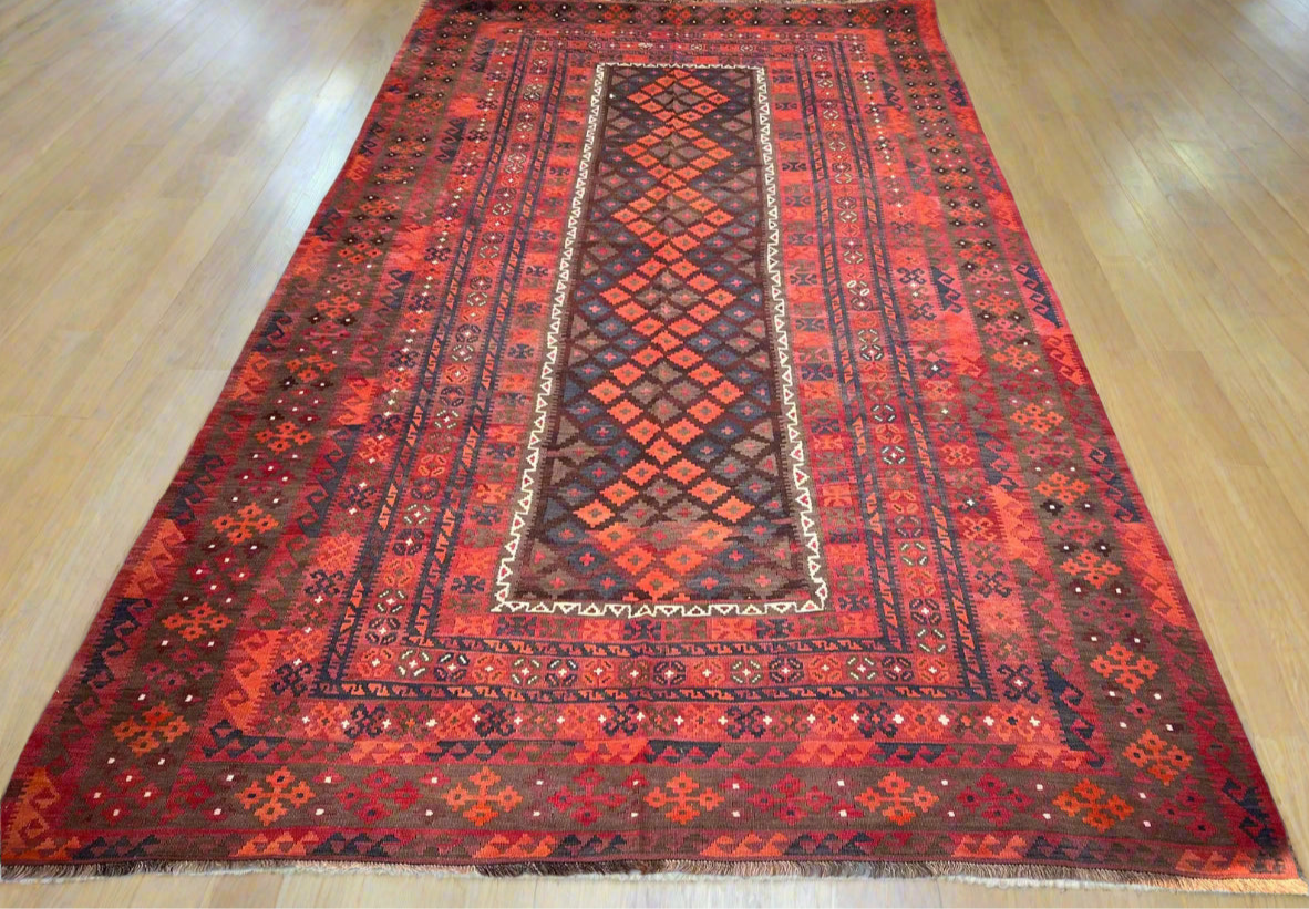 Handmade Afghan Flatweave Rug – 8x14ft Wool Carpet | Vintage Tribal Turkmen Geometric Red Oriental by Nomad Weaves