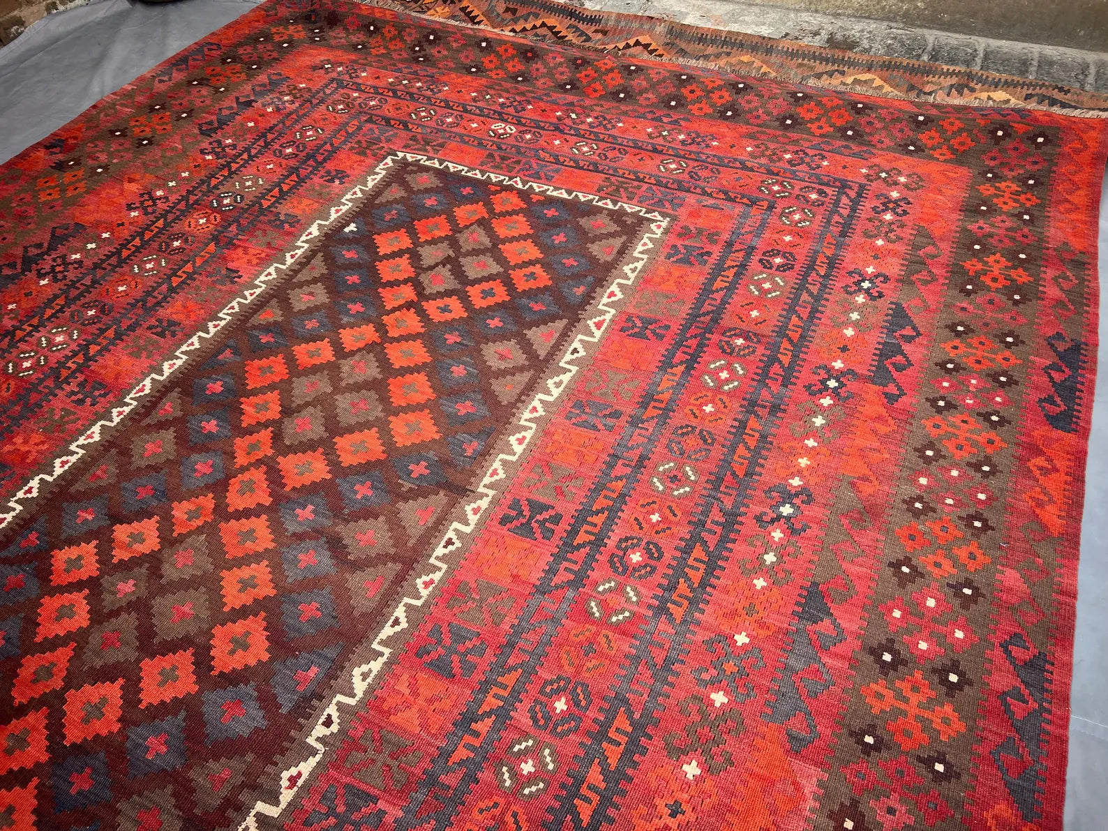Handmade Afghan Flatweave Rug – 8x14ft Wool Carpet | Vintage Tribal Turkmen Geometric Red Oriental by Nomad Weaves