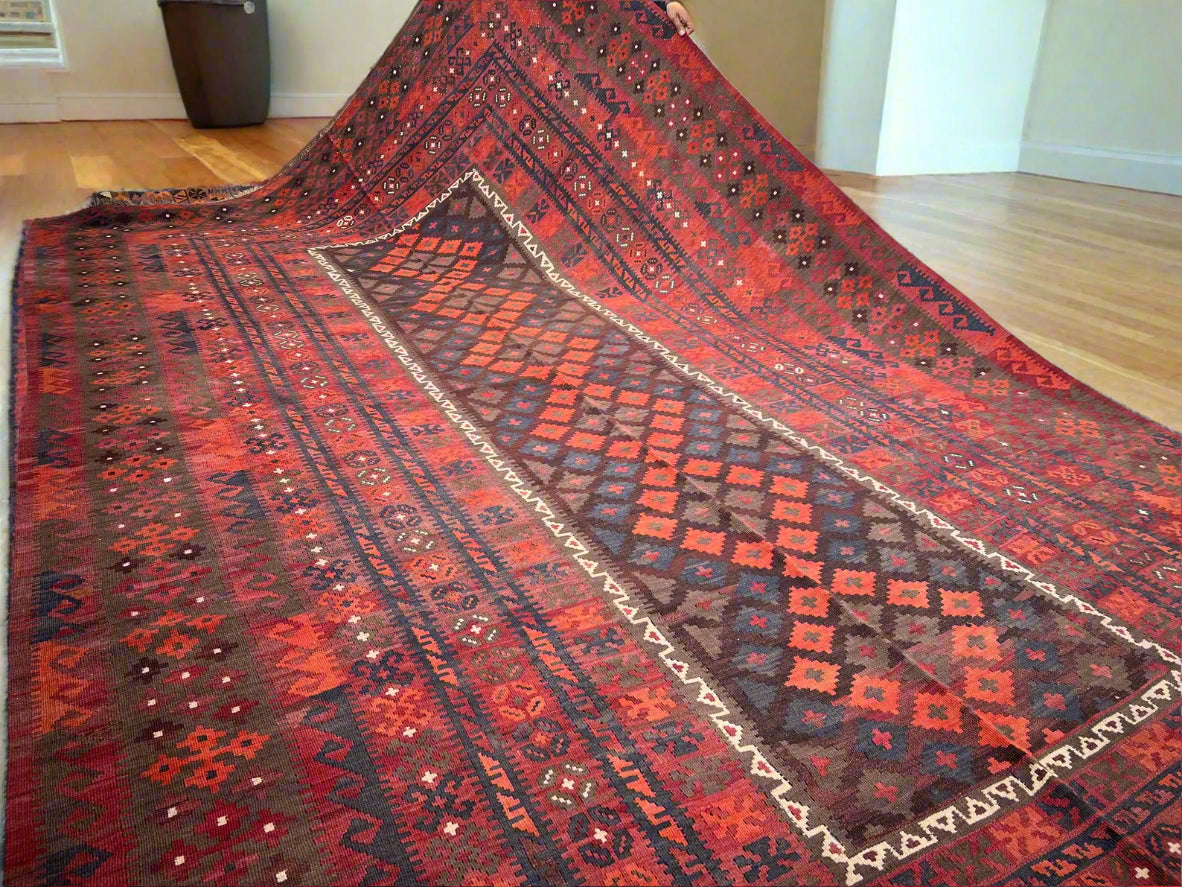 Handmade Afghan Flatweave Rug – 8x14ft Wool Carpet | Vintage Tribal Turkmen Geometric Red Oriental by Nomad Weaves