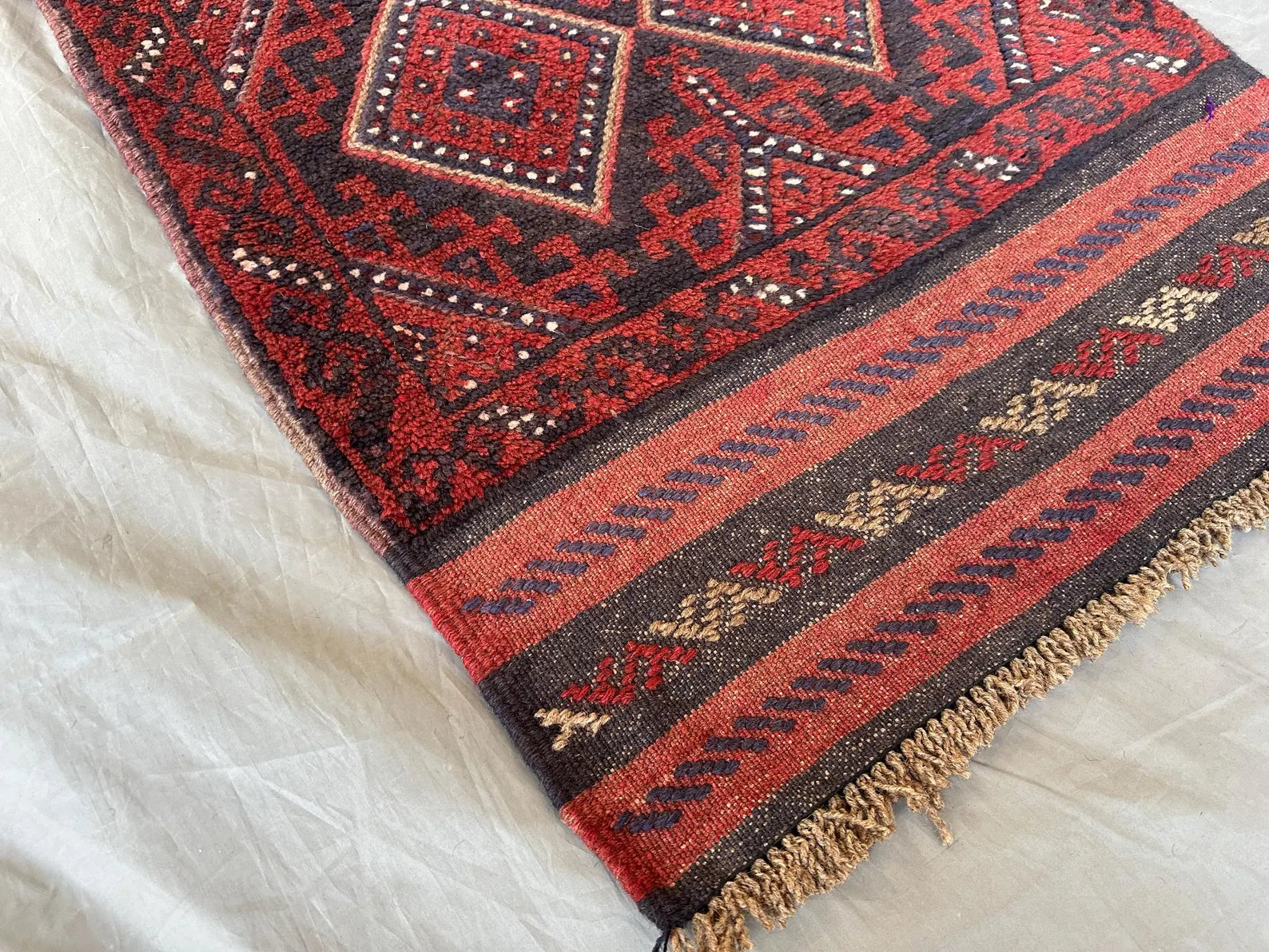 Handmade Afghan Runner Rug – 2’7” x 8’5” Wool Carpet | Vintage Baluch Tribal Turkmen Red Hallway Rug by Nomad Weaves