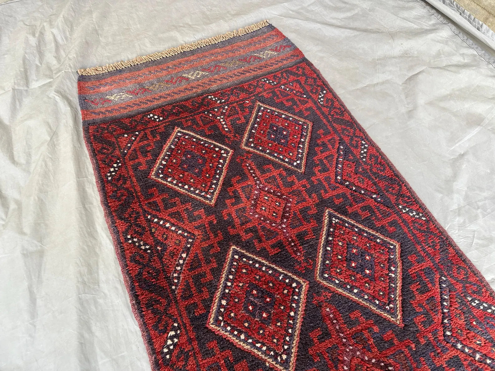 Handmade Afghan Runner Rug – 2’7” x 8’5” Wool Carpet | Vintage Baluch Tribal Turkmen Red Hallway Rug by Nomad Weaves