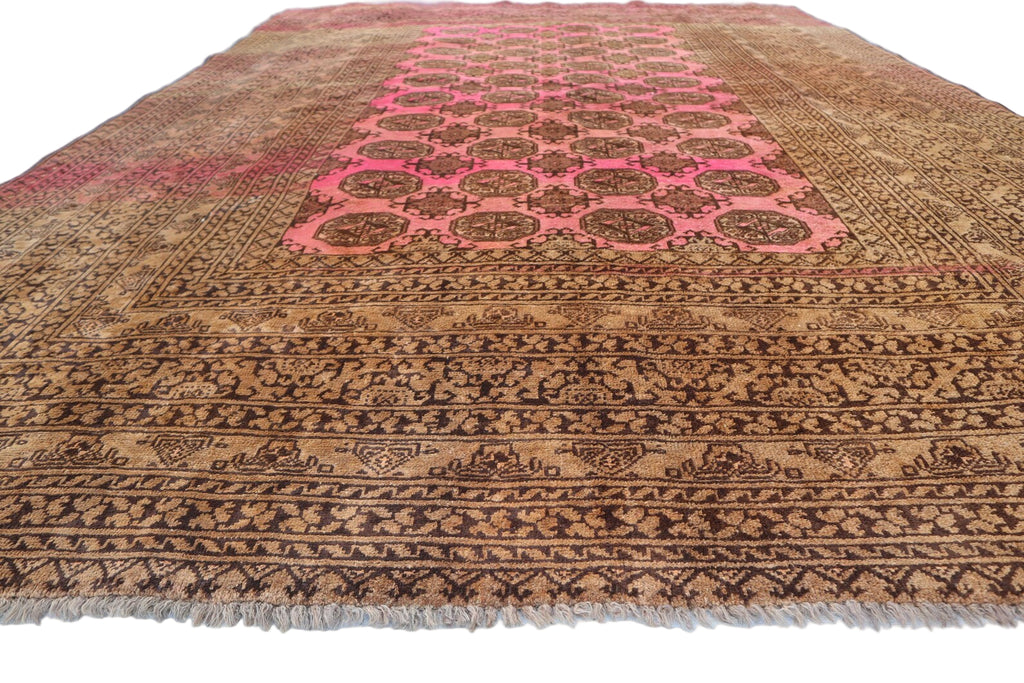 1950s Afghan Tekke Ersari Rug – 6.7 × 9.5 ft | Antique Terracotta & Faded Pink Tribal Wool Carpet