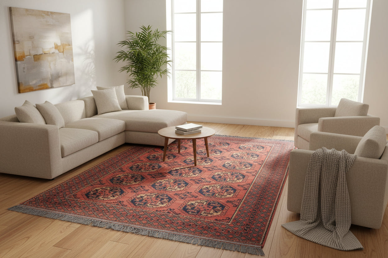 Vintage Afghan Red Rug 210 × 300 cm – Handwoven Wool Carpet | Tribal Bokhara Pattern | 6.9 × 9.8 ft