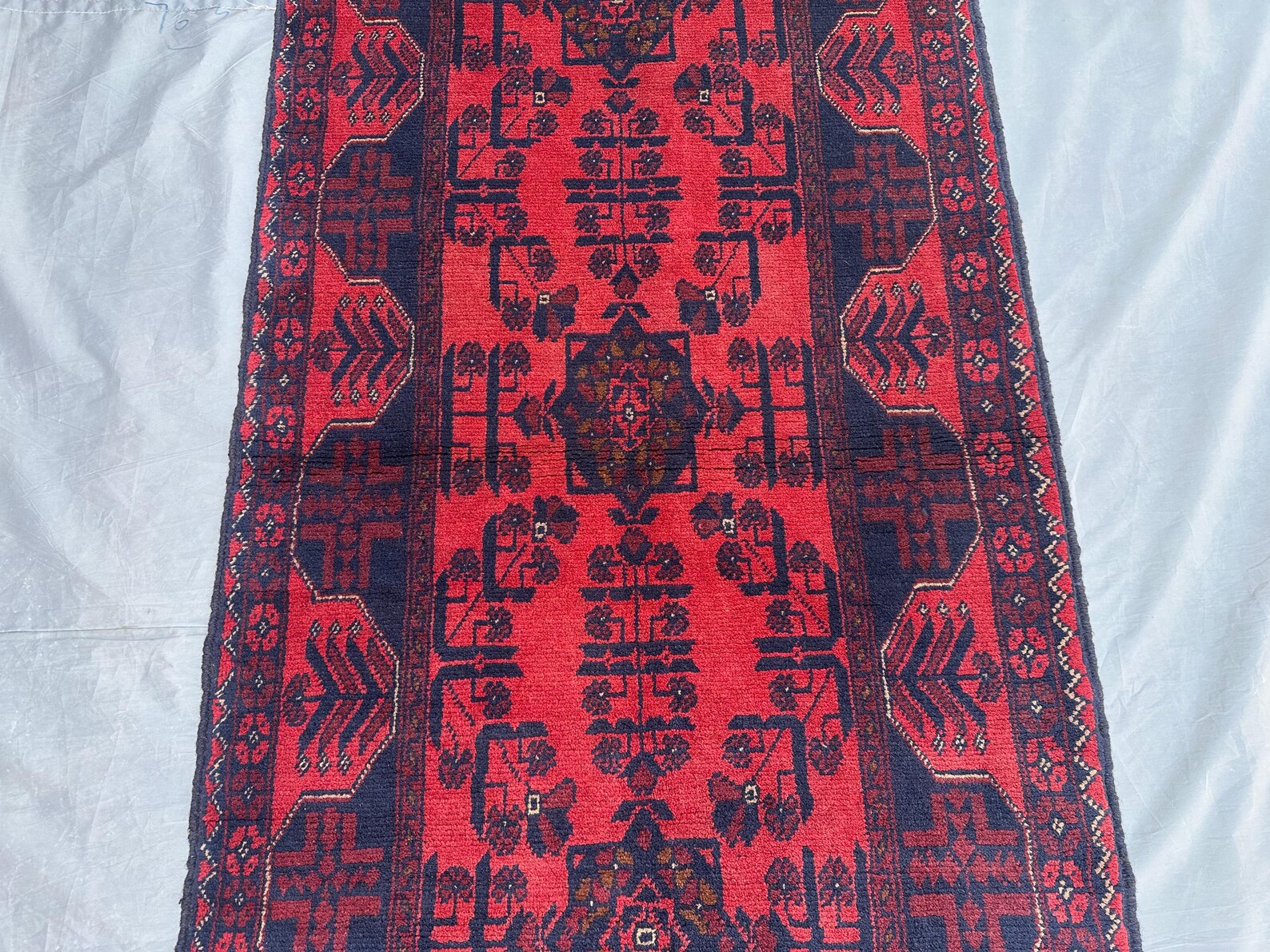 Handmade Afghan Runner Rug – 3x10ft Wool Carpet | Vintage Turkmen Tribal Red and Navy Hallway Rug by Nomad Weaves
