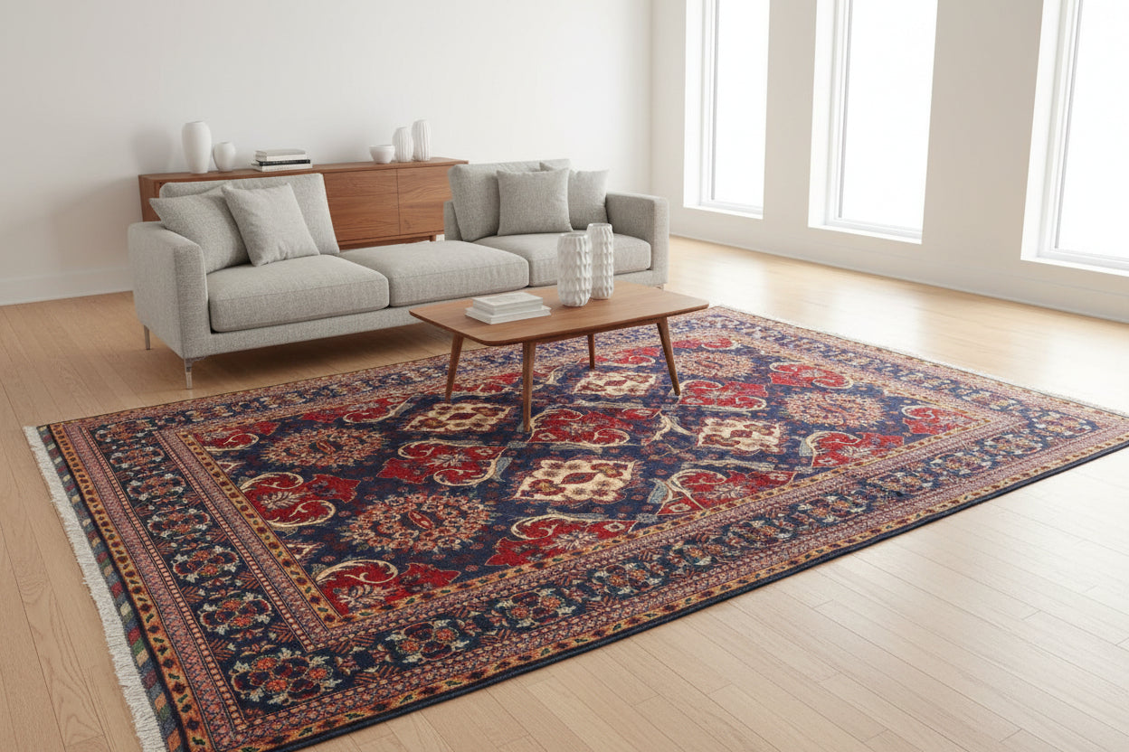 Large Navy Blue Area Rug 6.7 × 10.0 ft (204 × 305 cm) – Floral Pattern Wool Carpet – One-of-a-Kind Afghan Kazak Rug