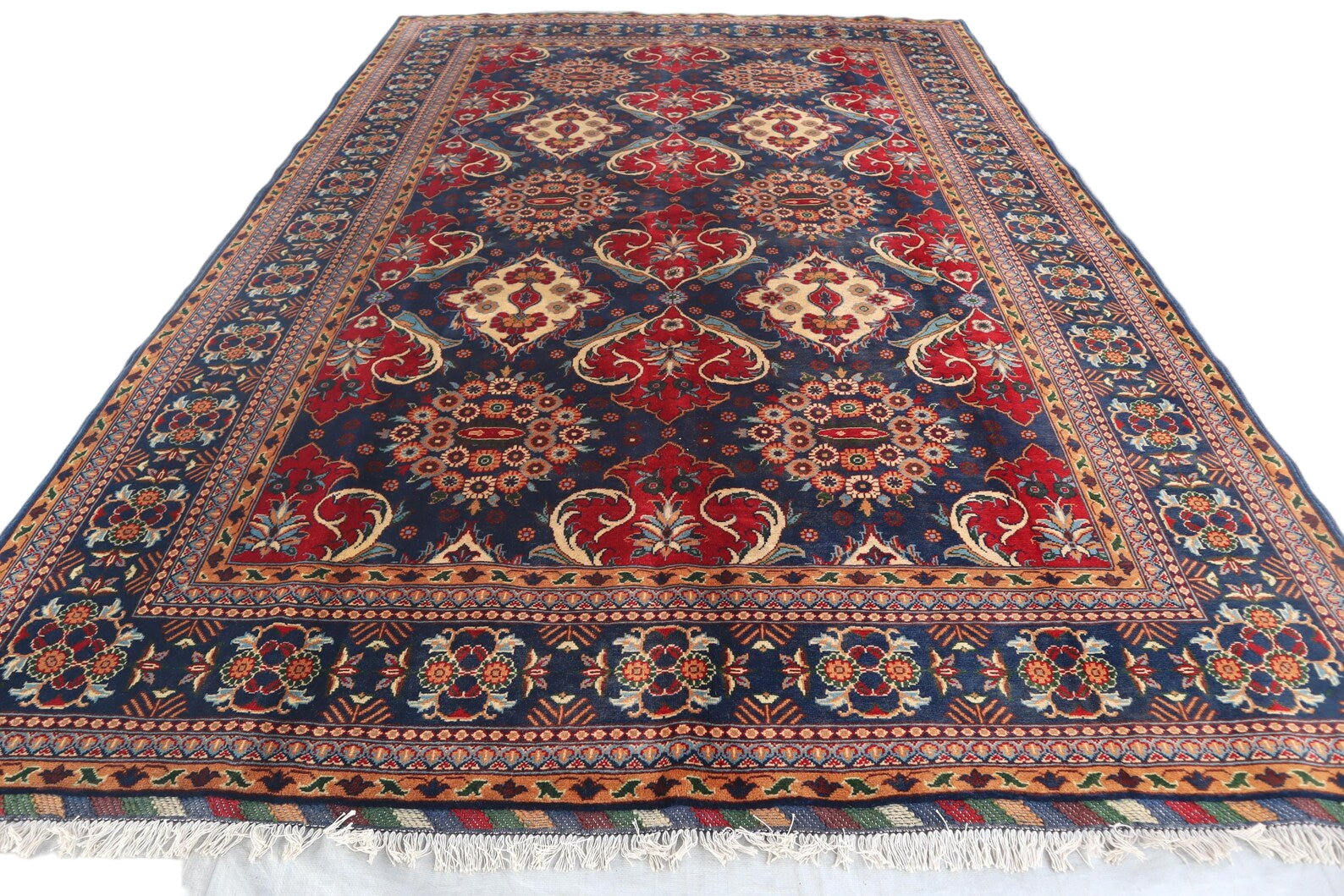 Large Navy Blue Area Rug 6.7 × 10.0 ft (204 × 305 cm) – Floral Pattern Wool Carpet – One-of-a-Kind Afghan Kazak Rug