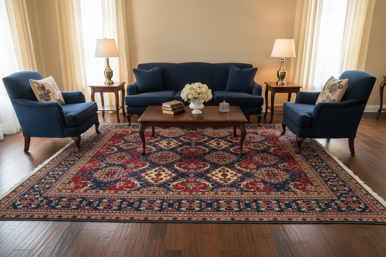 Large Navy Blue Area Rug 6.7 × 10.0 ft (204 × 305 cm) – Floral Pattern Wool Carpet – One-of-a-Kind Afghan Kazak Rug