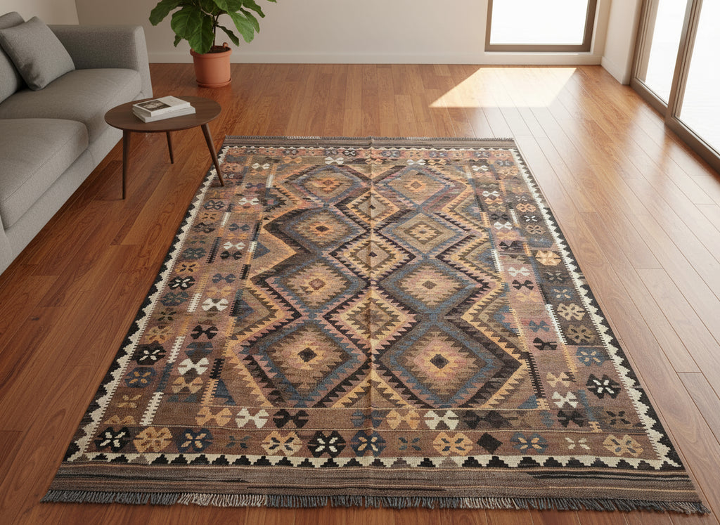 Handmade Afghan Kilim Rug – 192x274 cm | Earth-Tone Tribal Wool Carpet