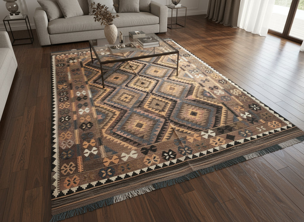 Handmade Afghan Kilim Rug – 192x274 cm | Earth-Tone Tribal Wool Carpet