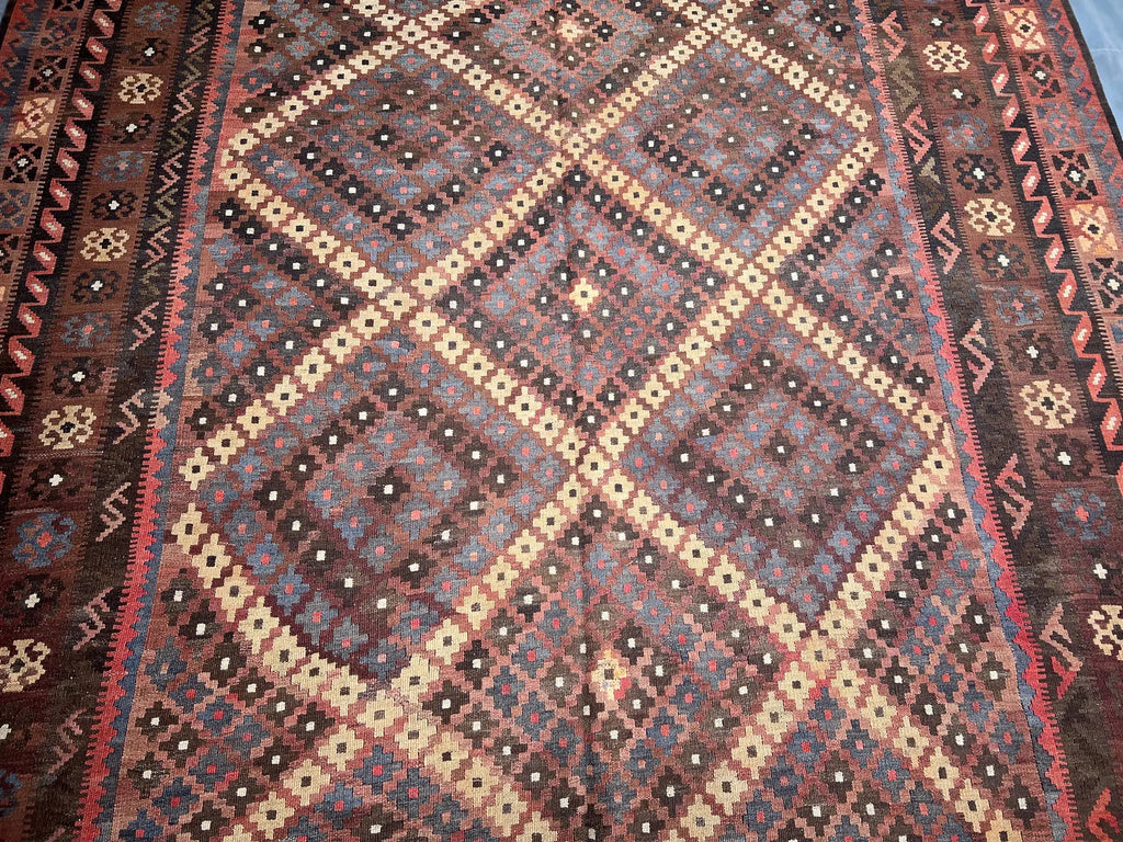 Handmade Afghan Kilim Rug – 244x390 cm | Deep Earth Tones Wool Carpet with Tribal Diamond Motifs