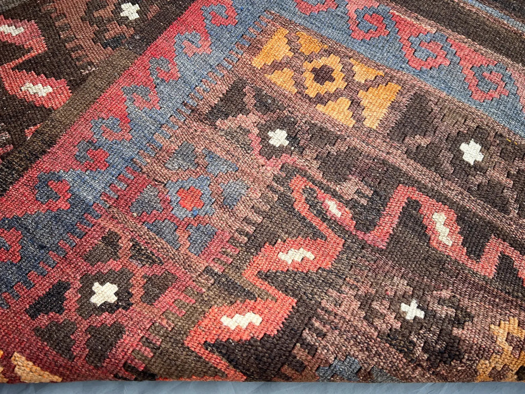 Handmade Afghan Kilim Rug – 244x390 cm | Deep Earth Tones Wool Carpet with Tribal Diamond Motifs