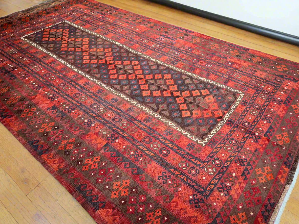 Handmade Afghan Flatweave Rug – 8x14ft Wool Carpet | Vintage Tribal Turkmen Geometric Red Oriental by Nomad Weaves