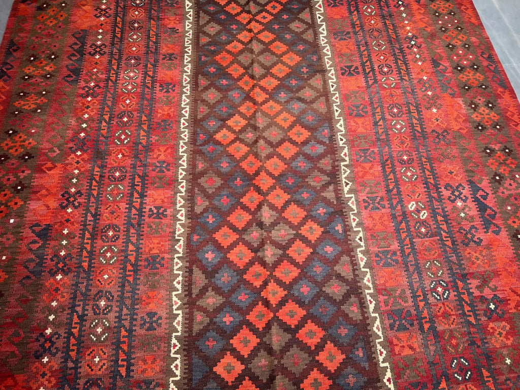 Handmade Afghan Flatweave Rug – 8x14ft Wool Carpet | Vintage Tribal Turkmen Geometric Red Oriental by Nomad Weaves