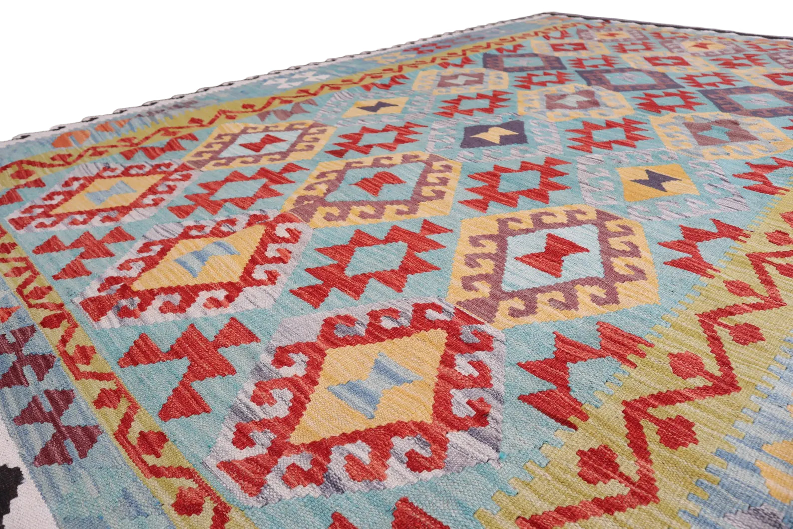 Afghan Kilim Rug 204 × 295 cm – Handwoven Wool Flat Weave | Turquoise, Red & Yellow Tribal Geometric | 6.7 × 9.7 ft