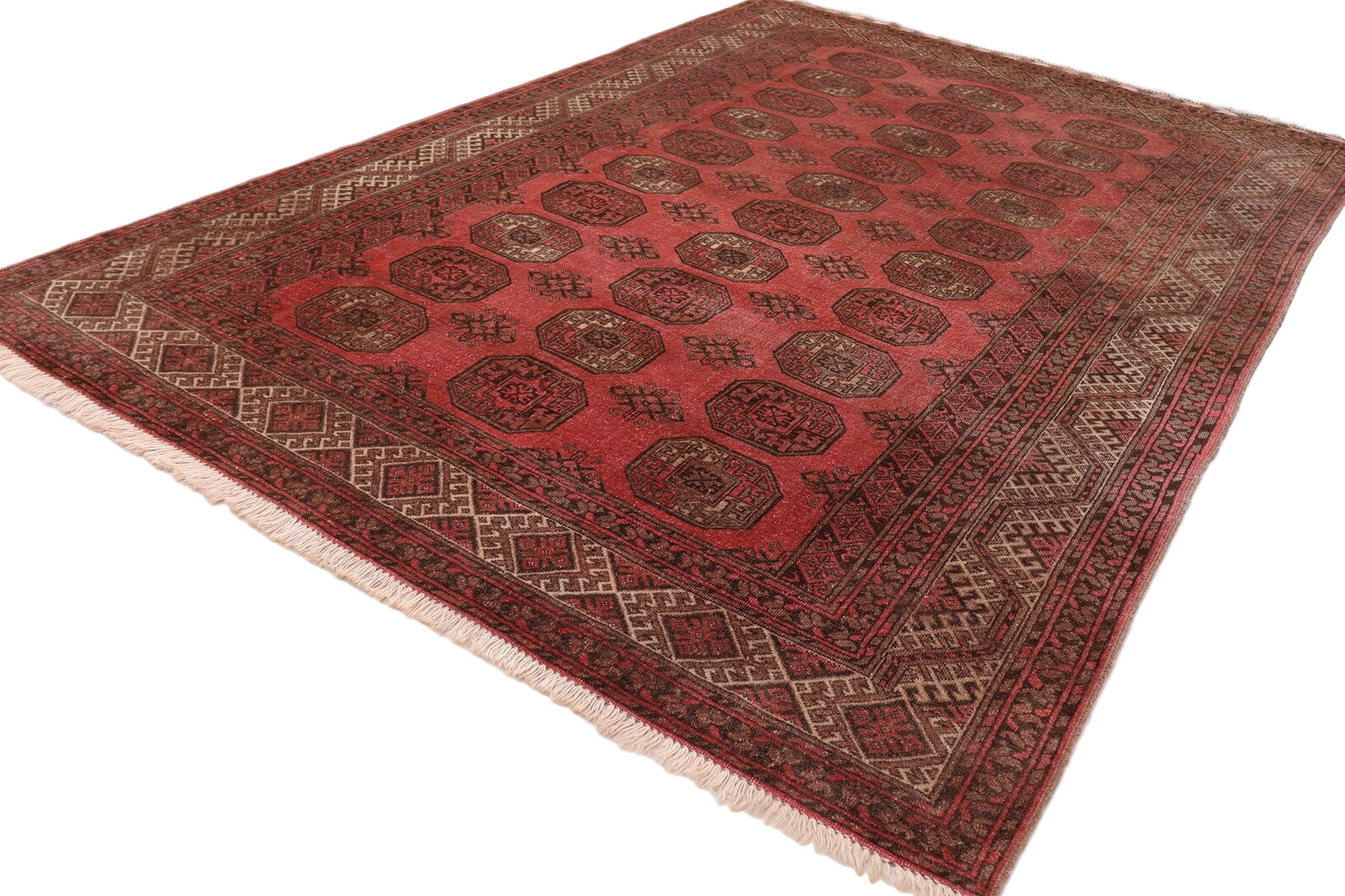 Heritage Vintage 6.8x9.10 ft Afghan Bokhara Rug | Red & Brown Handknotted Wool