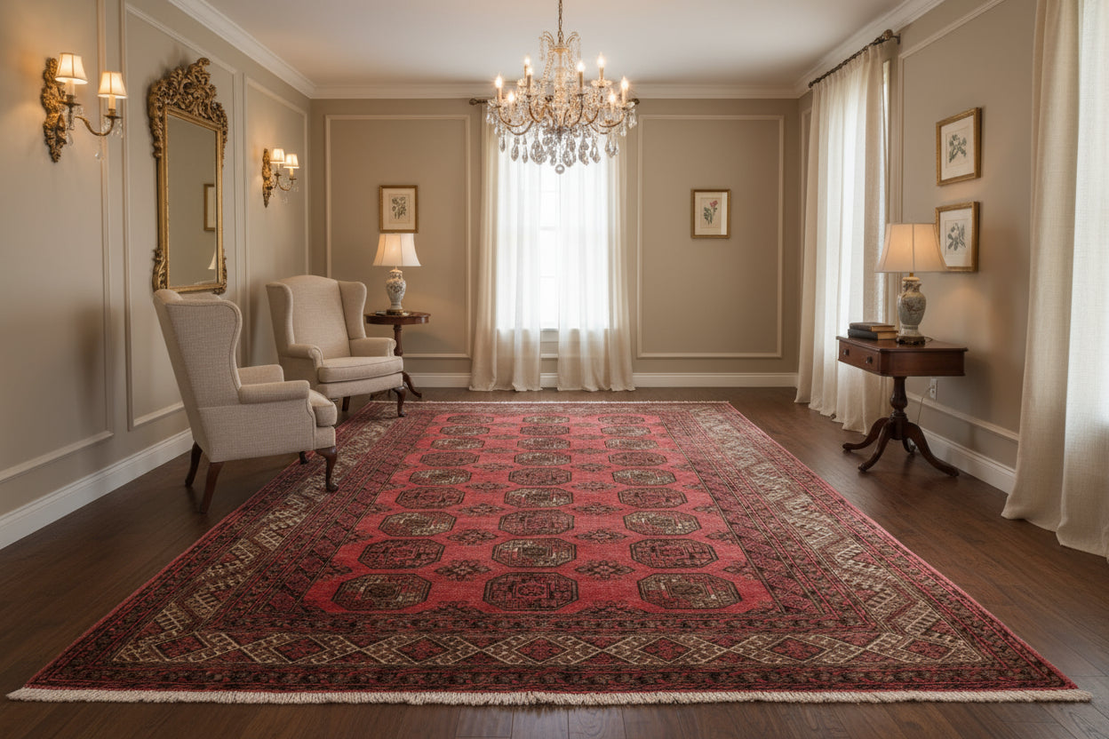 Heritage Vintage 6.8x9.10 ft Afghan Bokhara Rug | Red & Brown Handknotted Wool
