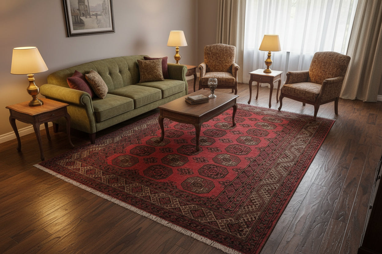 Heritage Vintage 6.8x9.10 ft Afghan Bokhara Rug | Red & Brown Handknotted Wool