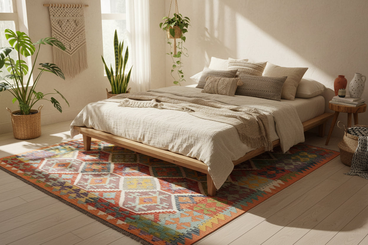 Afghan Kilim Rug 208 × 292 cm – Handwoven Wool Flat Weave | Vibrant Multicolour Tribal Geometric | 6.8 × 9.6 ft