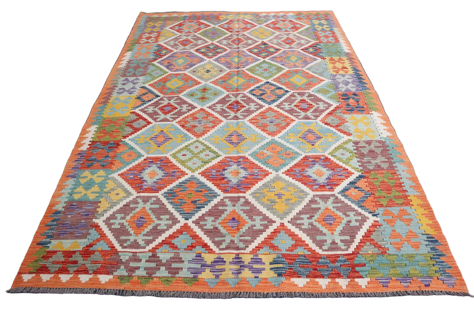 Afghan Kilim Rug 208 × 292 cm – Handwoven Wool Flat Weave | Vibrant Multicolour Tribal Geometric | 6.8 × 9.6 ft