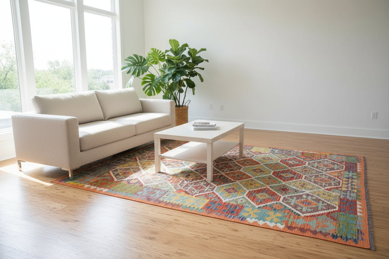 Afghan Kilim Rug 208 × 292 cm – Handwoven Wool Flat Weave | Vibrant Multicolour Tribal Geometric | 6.8 × 9.6 ft