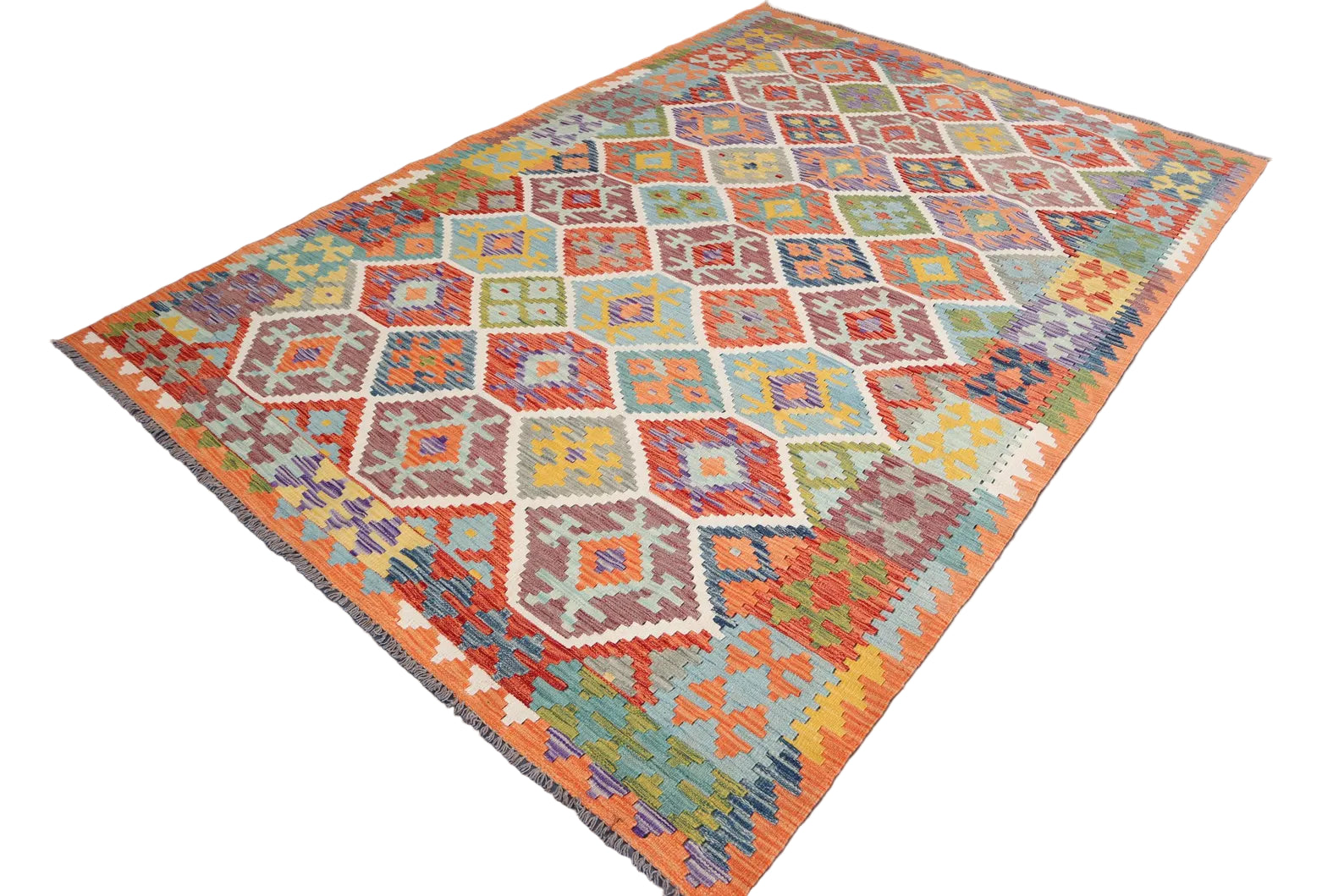 Afghan Kilim Rug 208 × 292 cm – Handwoven Wool Flat Weave | Vibrant Multicolour Tribal Geometric | 6.8 × 9.6 ft