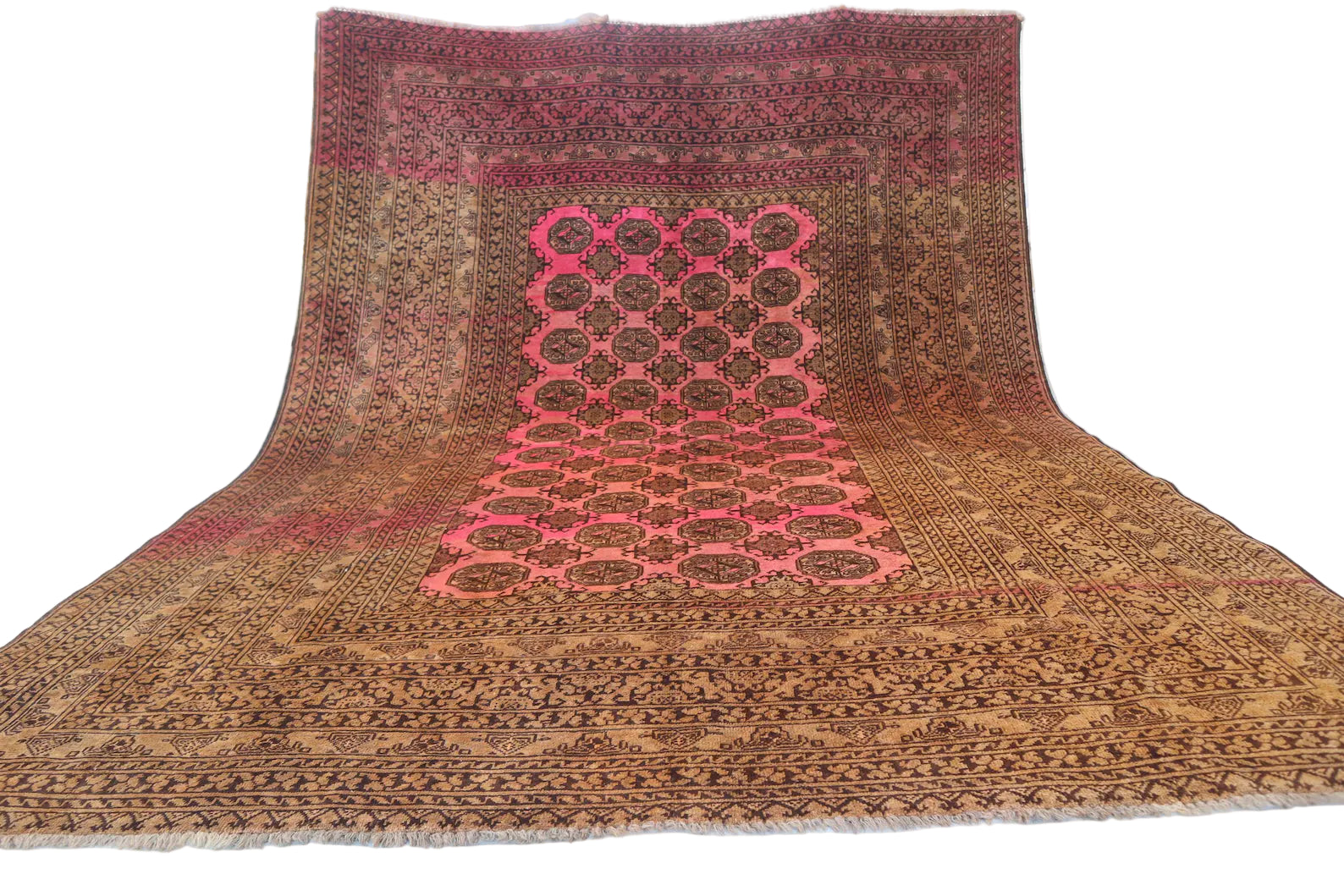 1950s Afghan Tekke Ersari Rug – 6.7 × 9.5 ft | Antique Terracotta & Faded Pink Tribal Wool Carpet