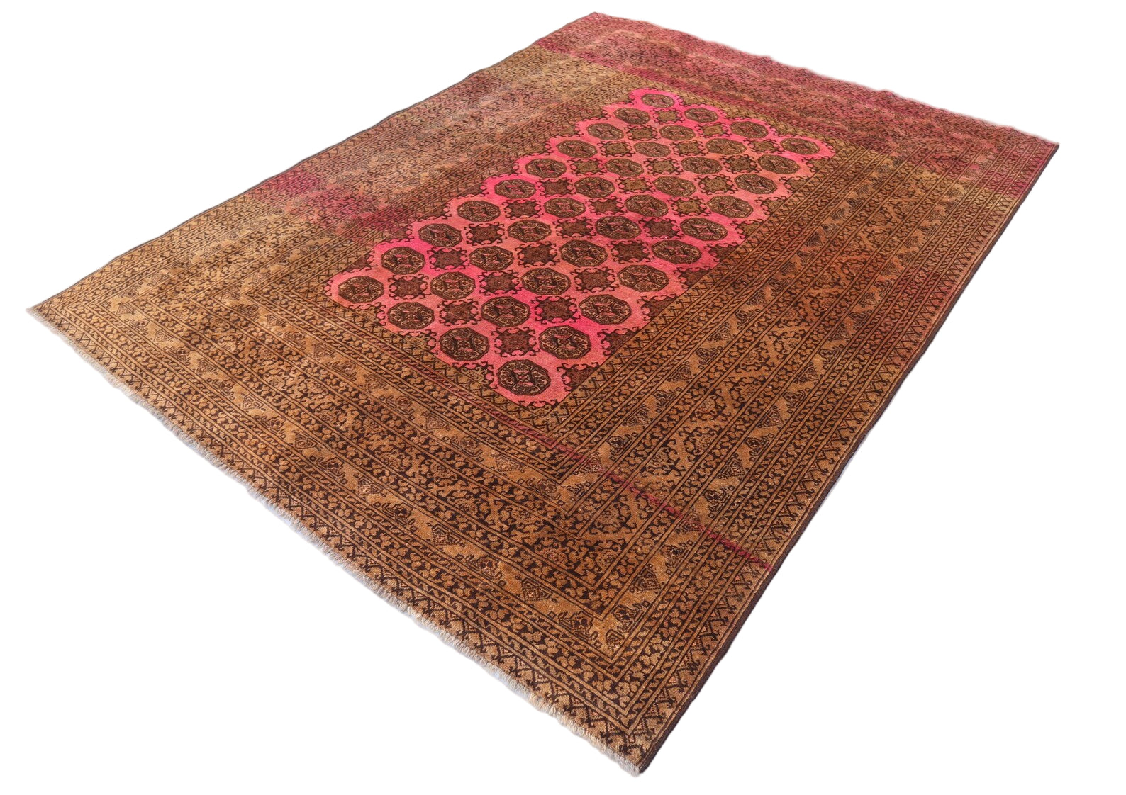 1950s Afghan Tekke Ersari Rug – 6.7 × 9.5 ft | Antique Terracotta & Faded Pink Tribal Wool Carpet