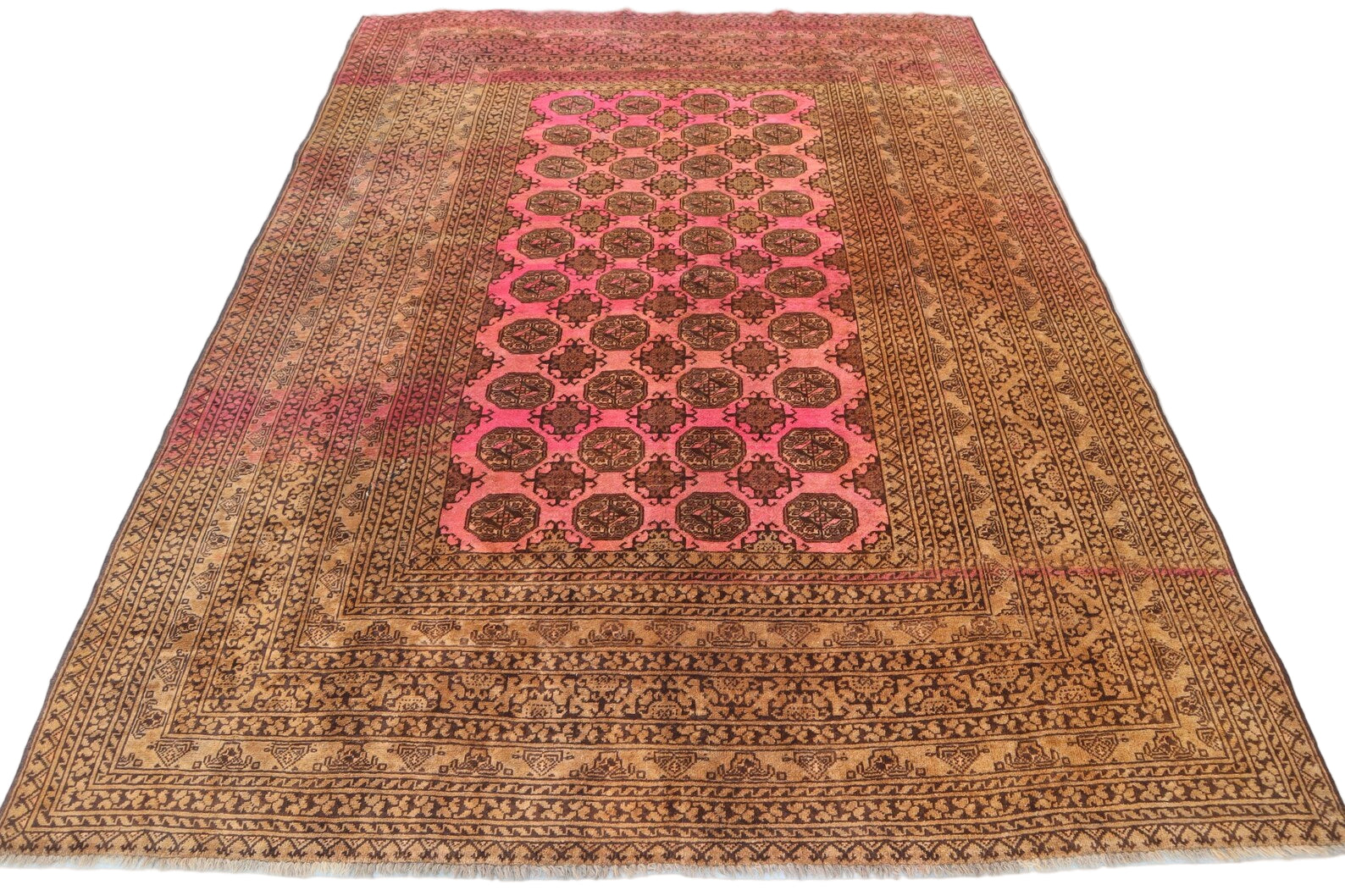 1950s Afghan Tekke Ersari Rug – 6.7 × 9.5 ft | Antique Terracotta & Faded Pink Tribal Wool Carpet