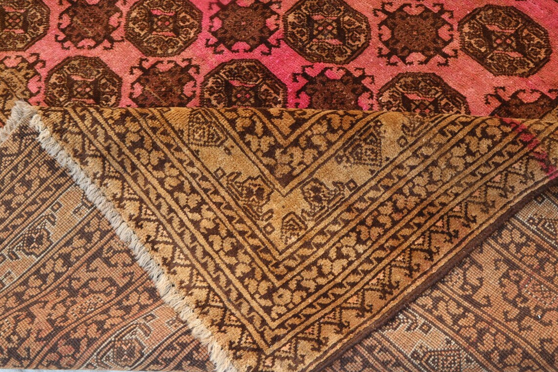 1950s Afghan Tekke Ersari Rug – 6.7 × 9.5 ft | Antique Terracotta & Faded Pink Tribal Wool Carpet