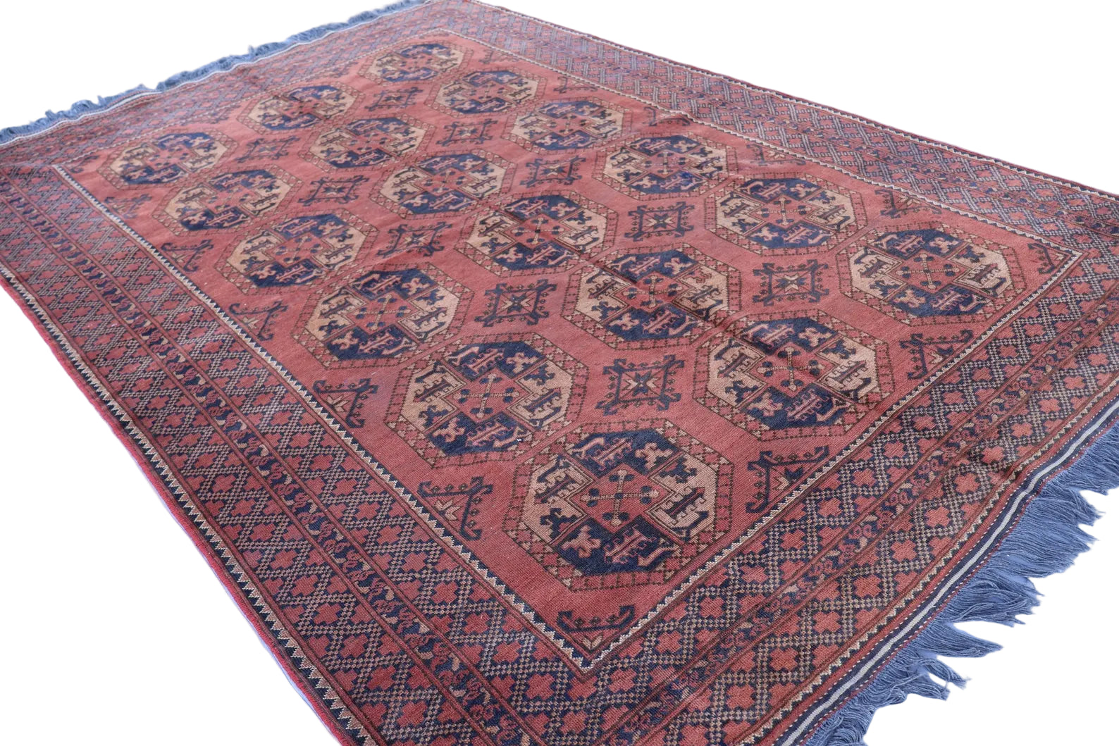 Vintage Afghan Red Rug 210 × 300 cm – Handwoven Wool Carpet | Tribal Bokhara Pattern | 6.9 × 9.8 ft