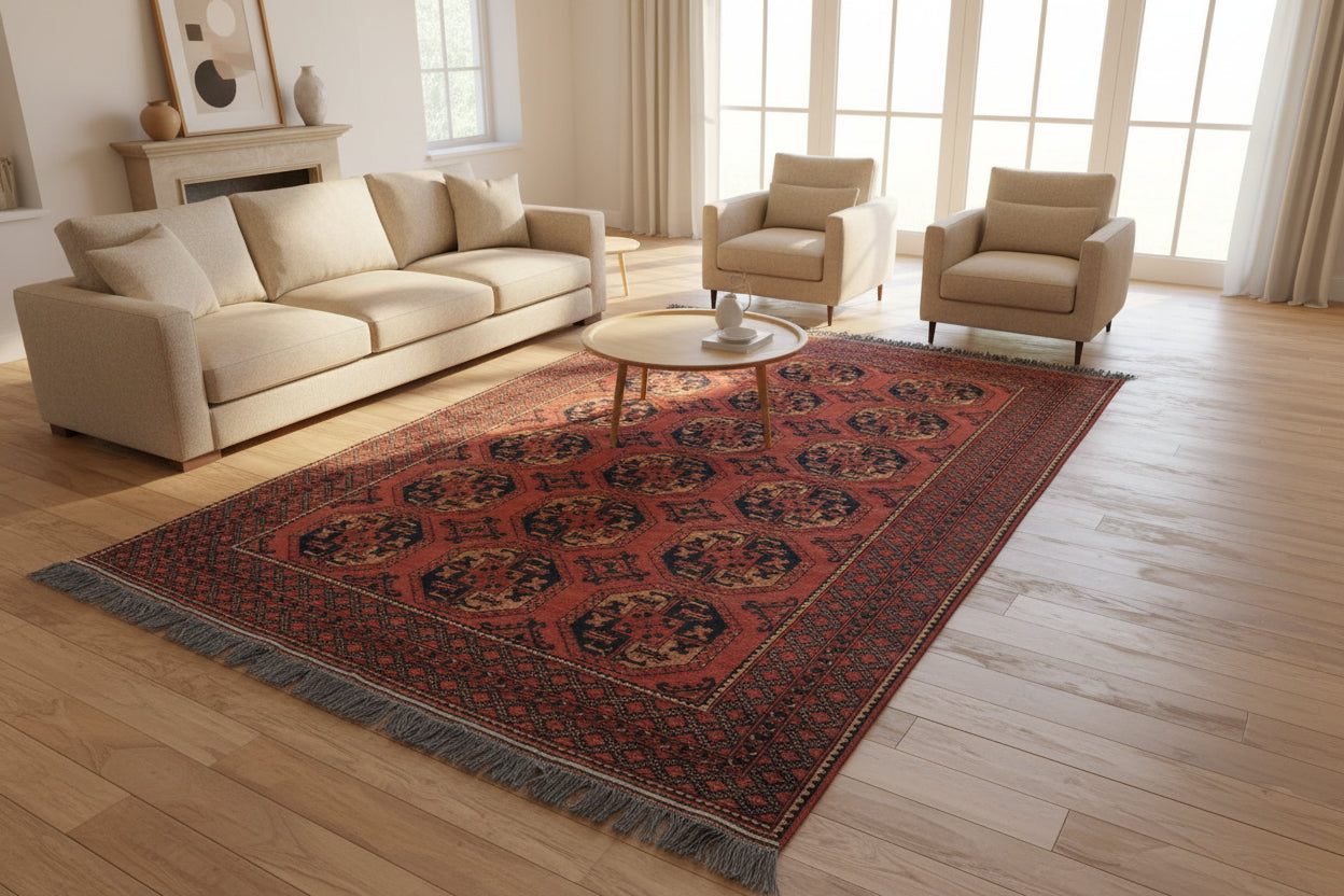 Vintage Afghan Red Rug 210 × 300 cm – Handwoven Wool Carpet | Tribal Bokhara Pattern | 6.9 × 9.8 ft
