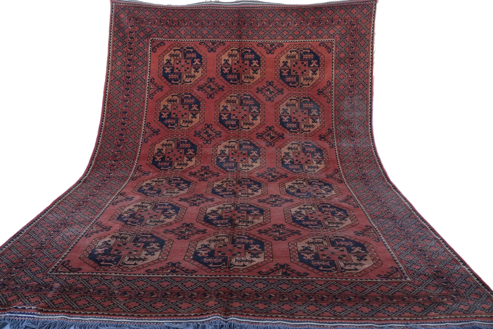 Vintage Afghan Red Rug 210 × 300 cm – Handwoven Wool Carpet | Tribal Bokhara Pattern | 6.9 × 9.8 ft