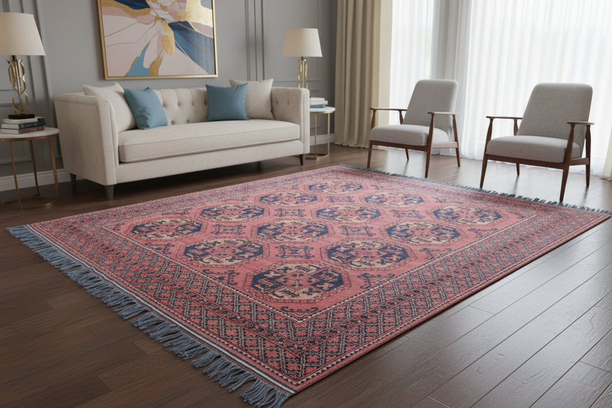Vintage Afghan Red Rug 210 × 300 cm – Handwoven Wool Carpet | Tribal Bokhara Pattern | 6.9 × 9.8 ft