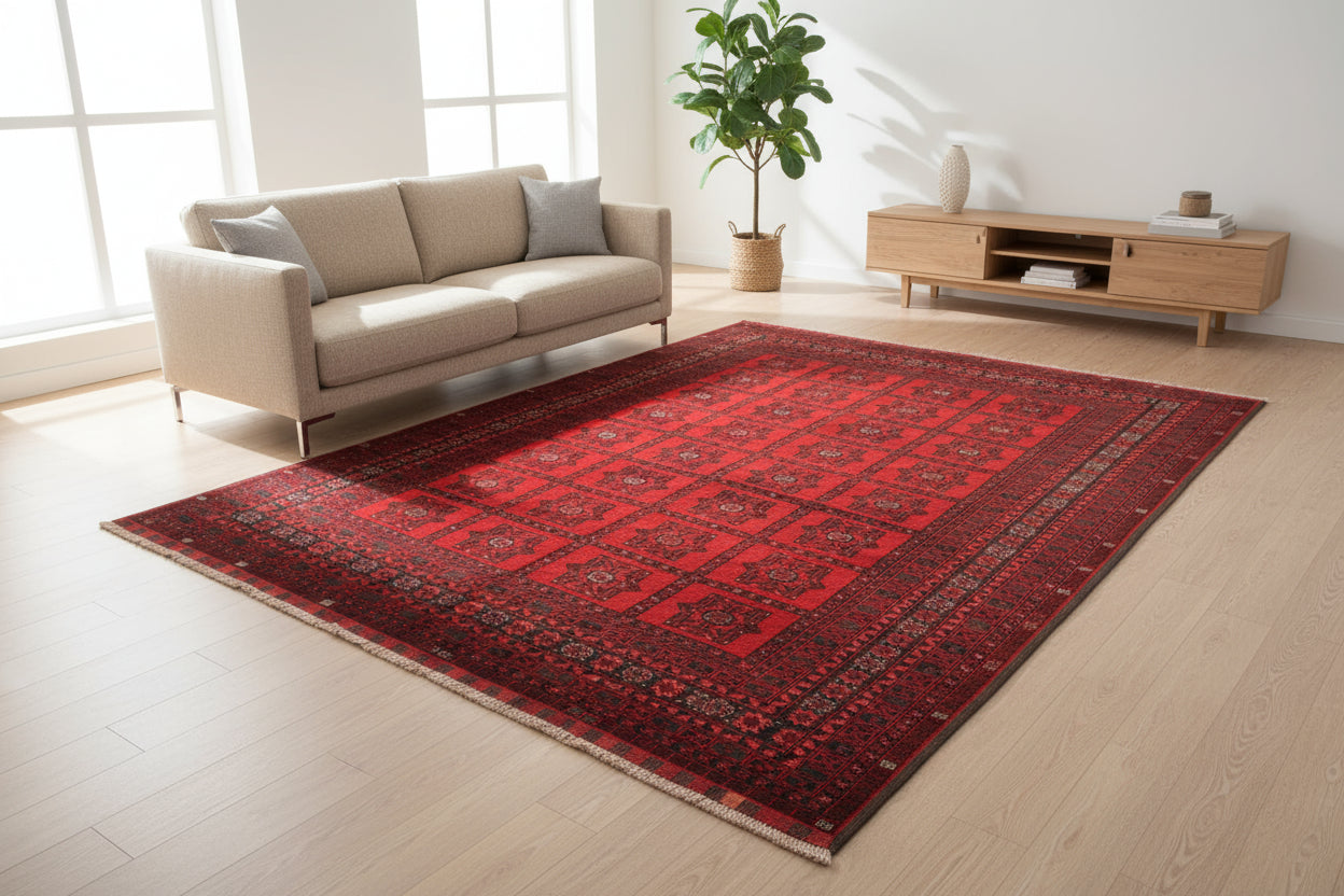 Afghan Red Khal Mohammadi Rug 186 × 287 cm – Handwoven Wool Carpet | Deep Crimson Tribal Motifs | 6.1 × 9.4 ft