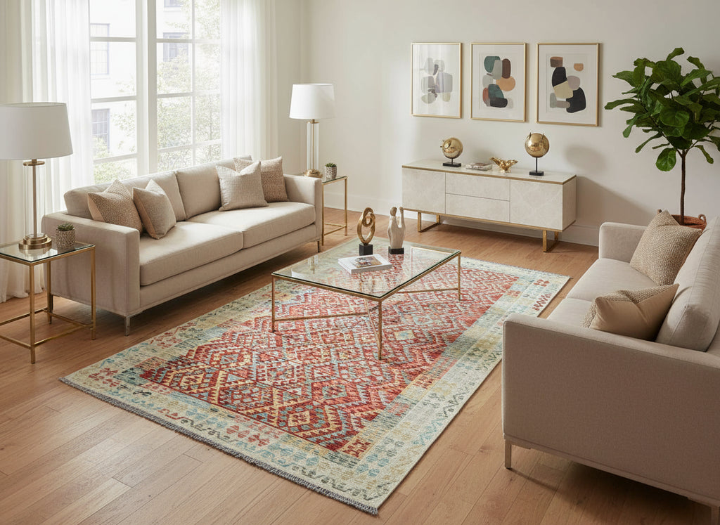 Flatweave Afghan Kilim rug featuring warm terracotta and ivory accents – handwoven wool.