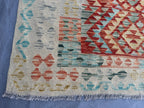 Handmade Afghan Kilim Rug – 210x305 cm | Terracotta & Sky Blue Wool Carpet with Ivory Border