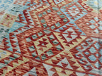 Handmade Afghan Kilim Rug – 210x305 cm | Terracotta & Sky Blue Wool Carpet with Ivory Border