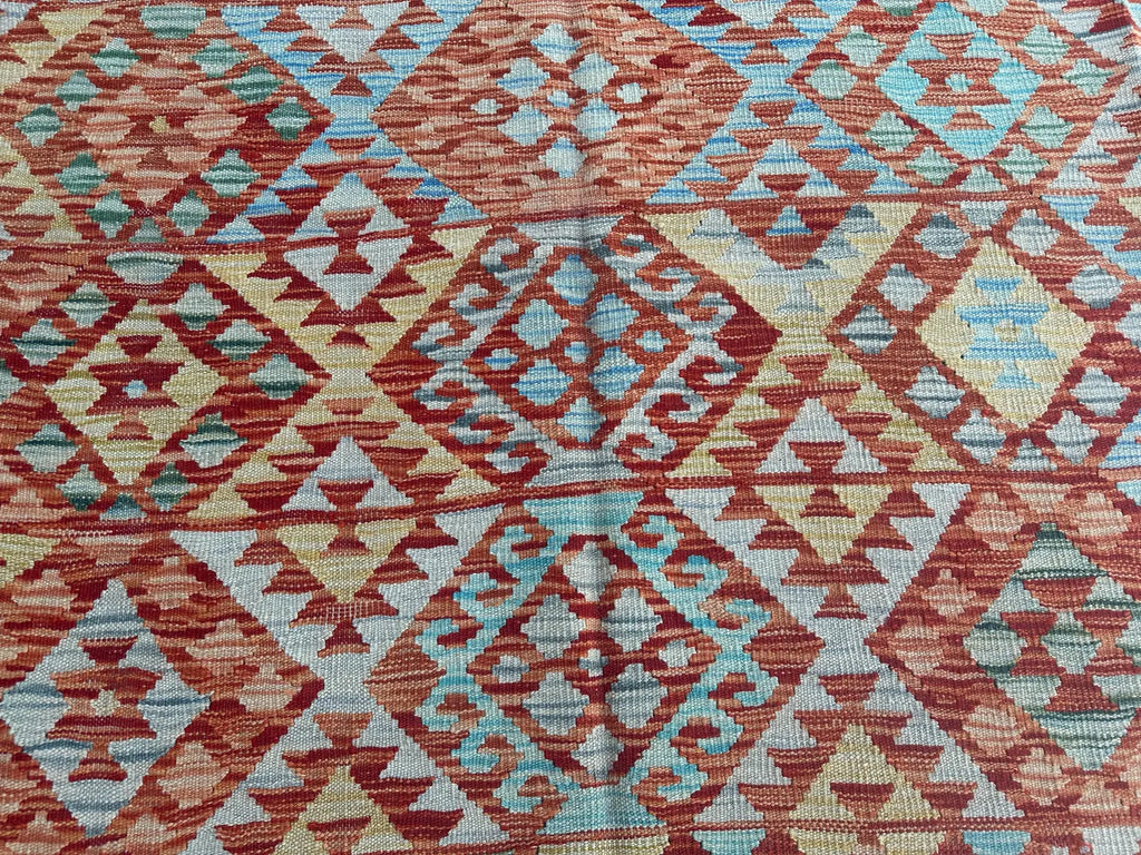 Handmade Afghan Kilim Rug – 210x305 cm | Terracotta & Sky Blue Wool Carpet with Ivory Border