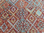 Handmade Afghan Kilim Rug – 210x305 cm | Terracotta & Sky Blue Wool Carpet with Ivory Border