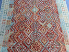 Handmade Afghan Kilim Rug – 210x305 cm | Terracotta & Sky Blue Wool Carpet with Ivory Border