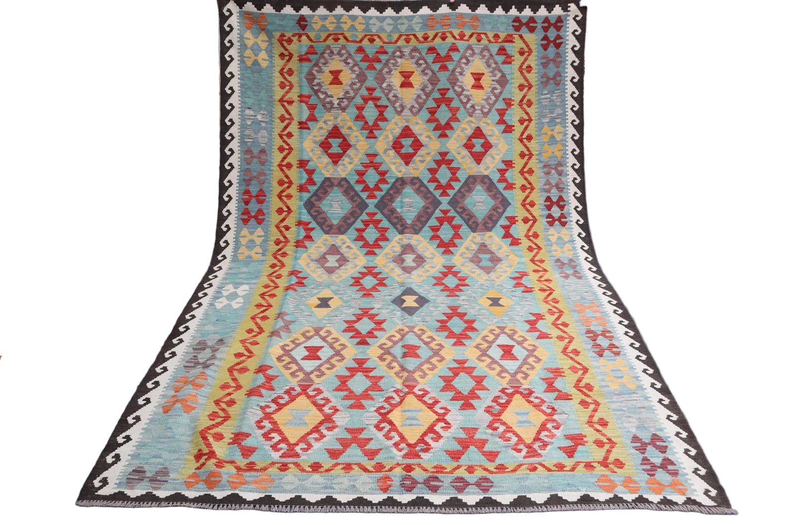 Afghan Kilim Rug 204 × 295 cm – Handwoven Wool Flat Weave | Turquoise, Red & Yellow Tribal Geometric | 6.7 × 9.7 ft