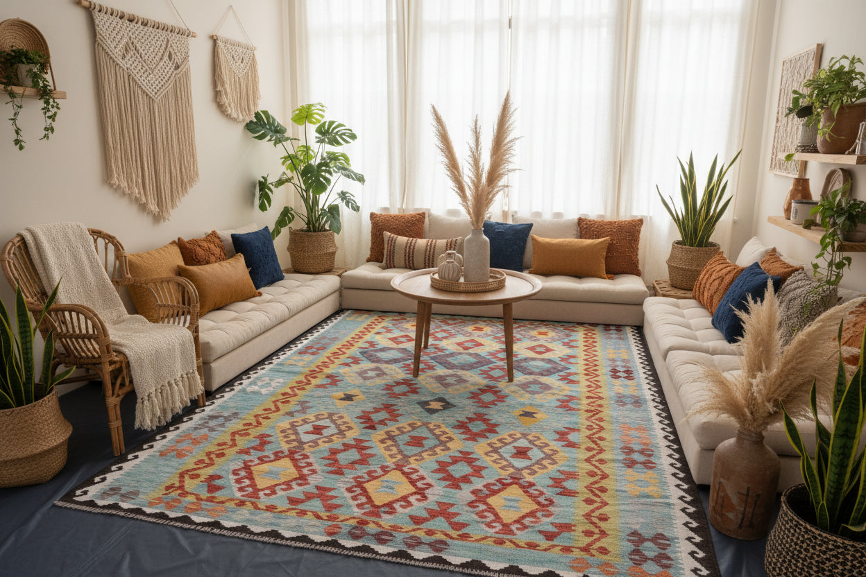 Afghan Kilim Rug 204 × 295 cm – Handwoven Wool Flat Weave | Turquoise, Red & Yellow Tribal Geometric | 6.7 × 9.7 ft