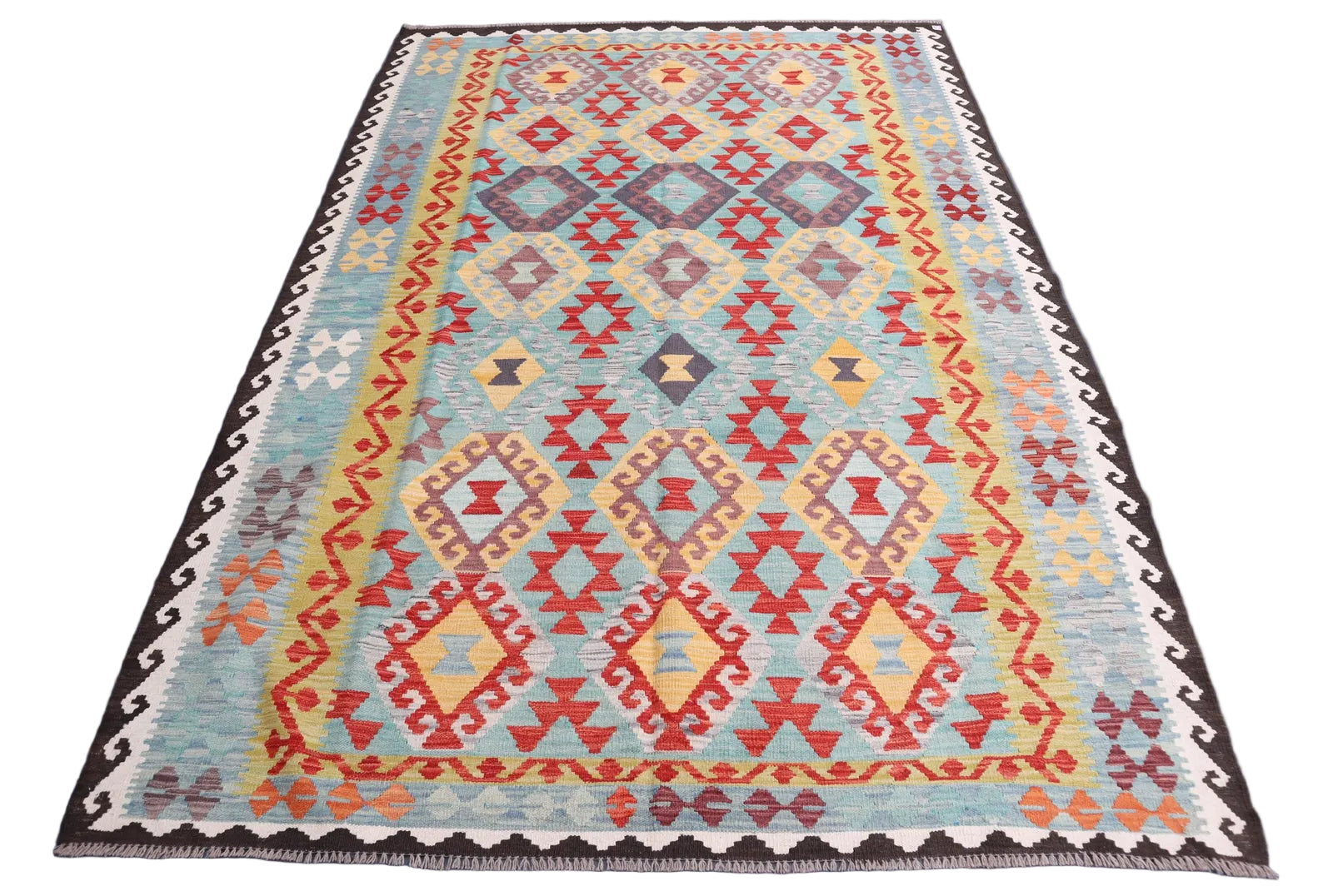 Afghan Kilim Rug 204 × 295 cm – Handwoven Wool Flat Weave | Turquoise, Red & Yellow Tribal Geometric | 6.7 × 9.7 ft