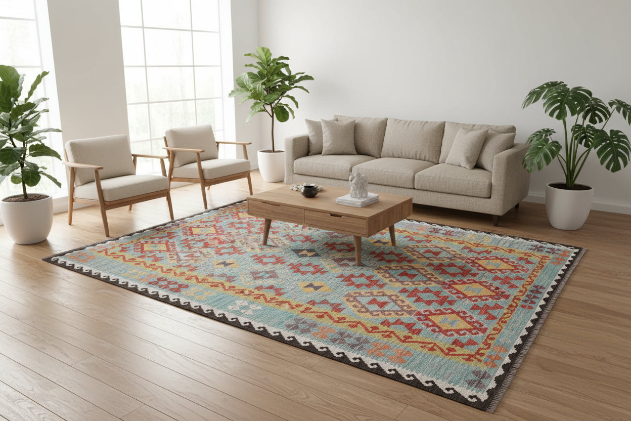 Afghan Kilim Rug 204 × 295 cm – Handwoven Wool Flat Weave | Turquoise, Red & Yellow Tribal Geometric | 6.7 × 9.7 ft