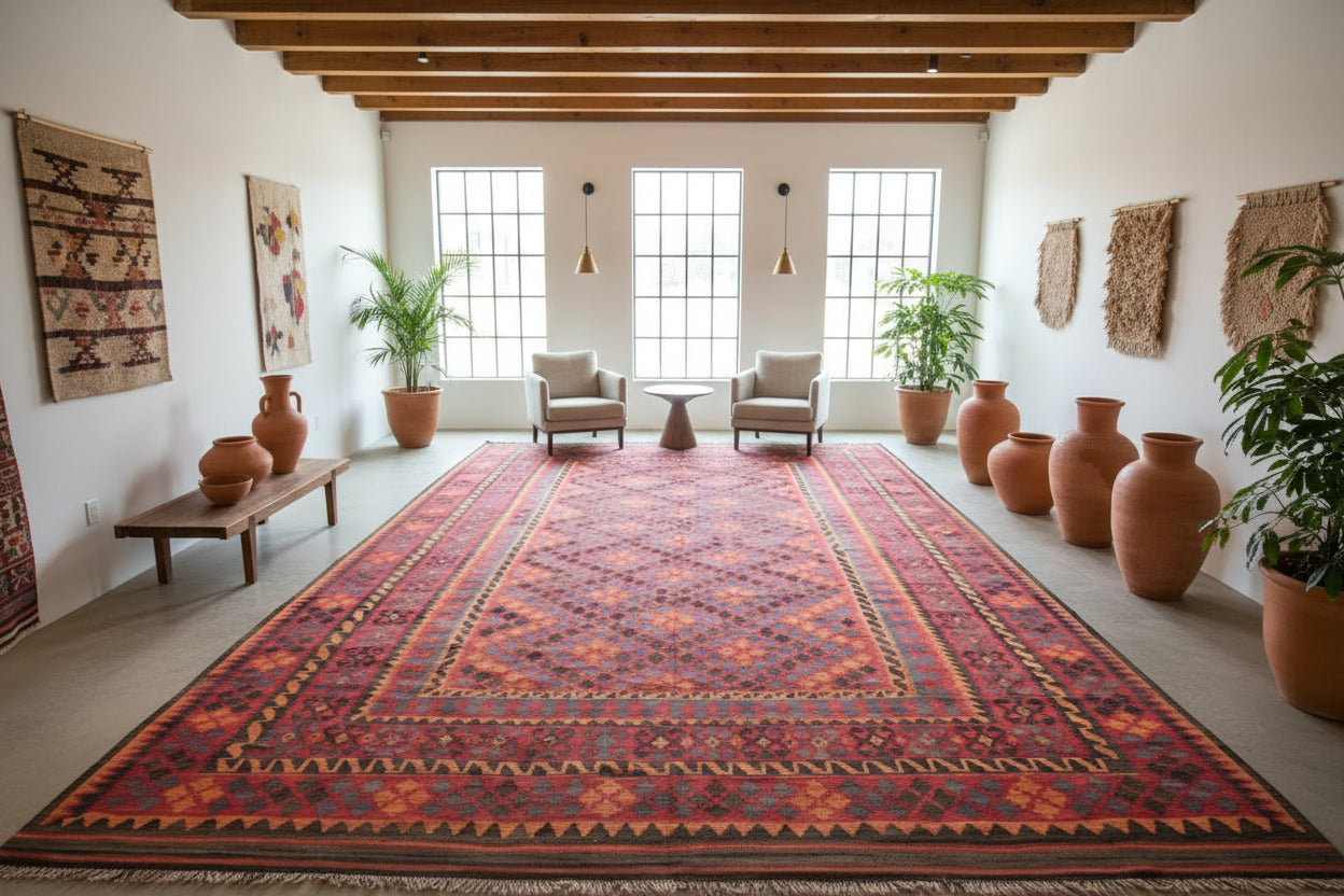 Oversized Afghan Maimana Kilim Rug 10 × 16 ft (305 × 488 cm) – Extra Large Wool Flatweave | Tribal Geometric Area Carpet