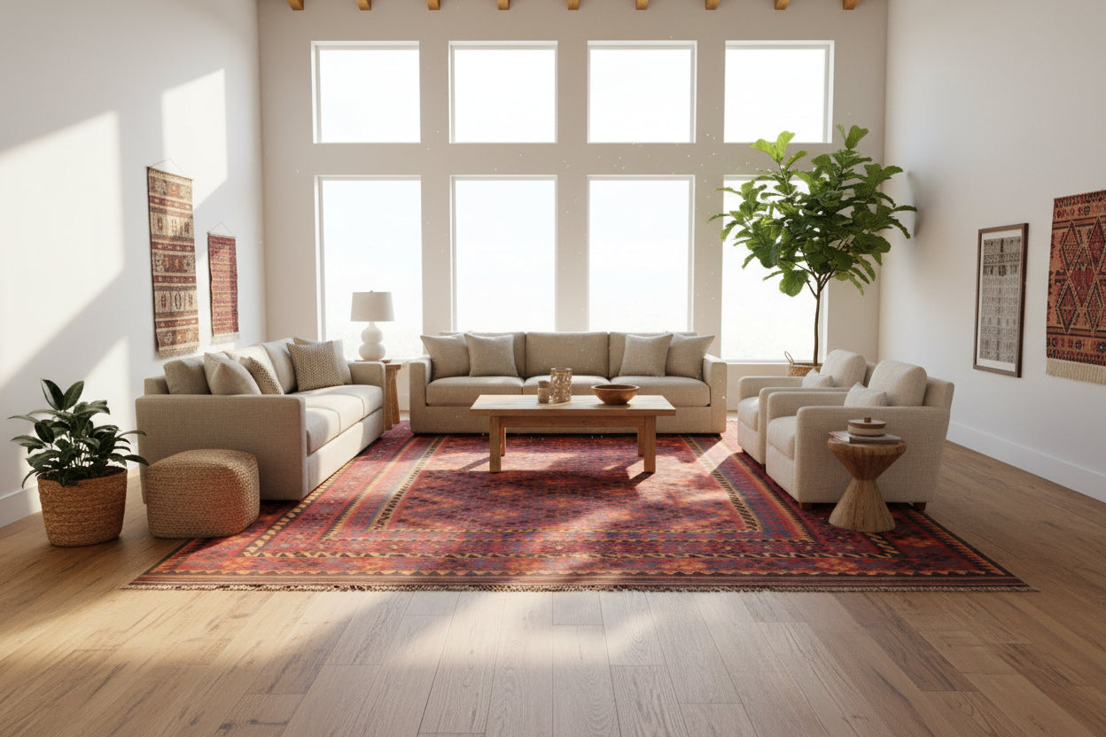 Oversized Afghan Maimana Kilim Rug 10 × 16 ft (305 × 488 cm) – Extra Large Wool Flatweave | Tribal Geometric Area Carpet