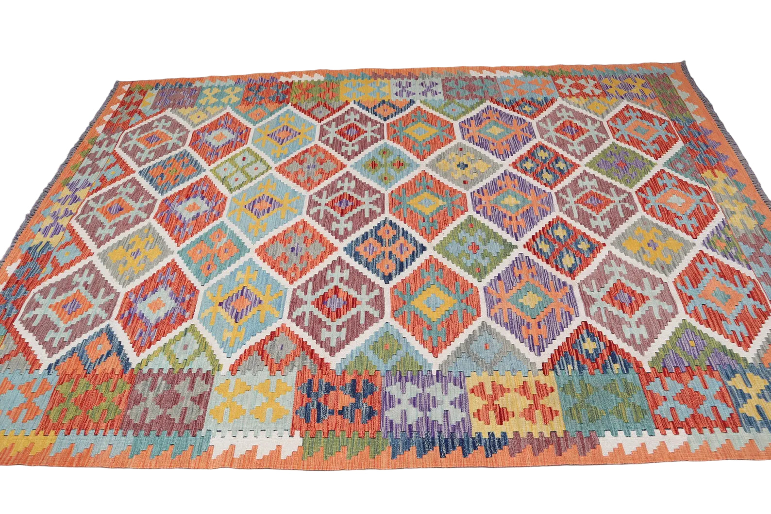 Afghan Kilim Rug 208 × 292 cm – Handwoven Wool Flat Weave | Vibrant Multicolour Tribal Geometric | 6.8 × 9.6 ft