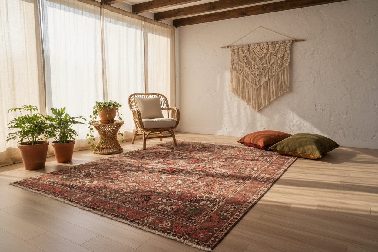 Collector’s Vintage Afghan Rug – 213x305 cm | Rare Animal & Bird Motif Wool Carpet