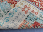 Handmade Afghan Kilim Rug – 210x305 cm | Terracotta & Sky Blue Wool Carpet with Ivory Border