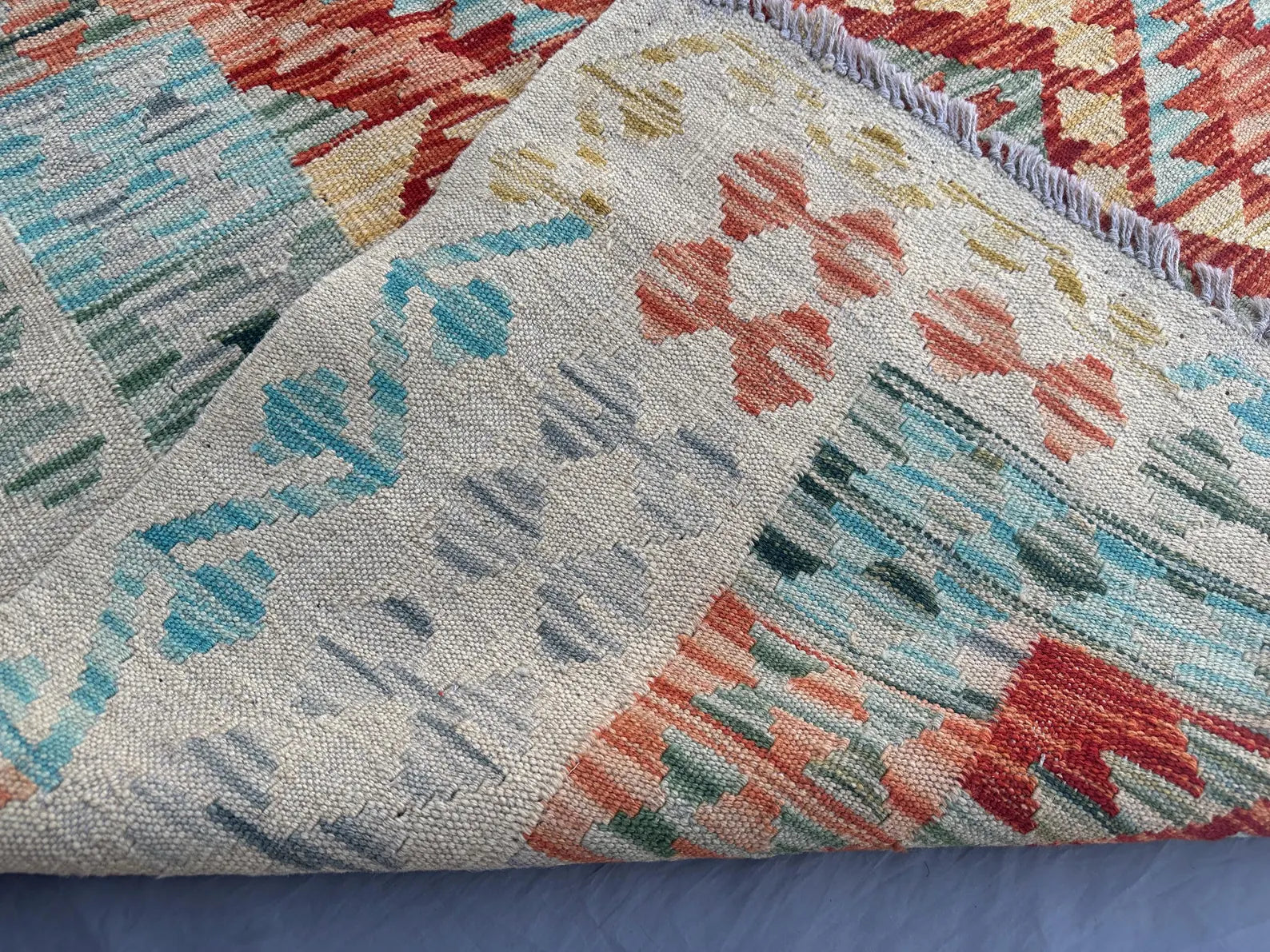 Handmade Afghan Kilim Rug – 210x305 cm | Terracotta & Sky Blue Wool Carpet with Ivory Border